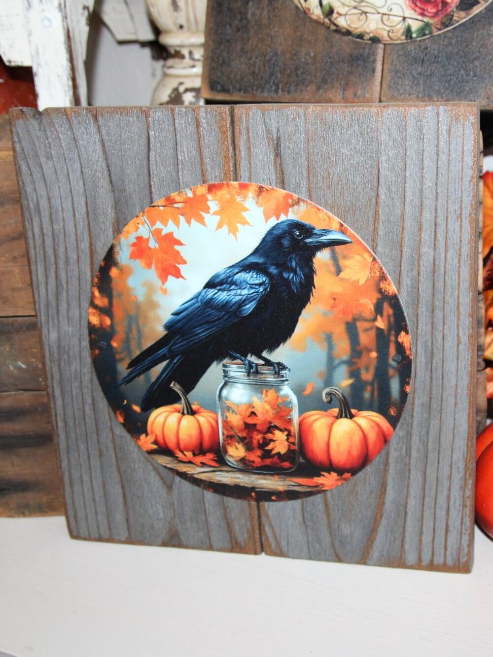 NEW Raven Crow Black Bird Pumpkin Primitive Fall Farmhouse Wall Decor Plaque